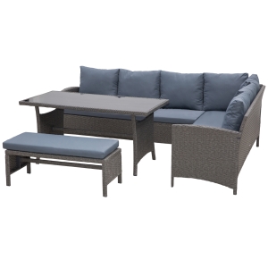 Outsunny 4 Pieces Patio Wicker Dining Sets, Outdoor PE Rattan Sectional Conversation Set with Cushions & Dining Table, Bench for Garden, Backyard, Lawn, Grey