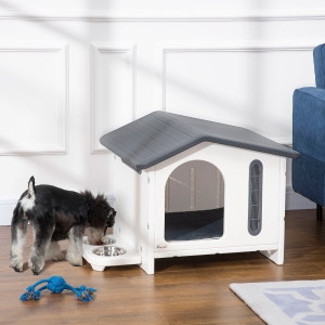 PawHut Plastic Dog House with Air Vents, Small Dog House with Door Opening, Elevated Floor, Bowl Holder, 2 Bowls, Soft Washable Cushion, for Small Sized Dogs, White
