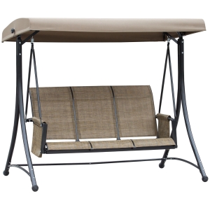Outsunny 3 Person Steel Outdoor Patio Porch Swing Chair with Adjustable Canopy & a Sling Mesh Seat - Brown