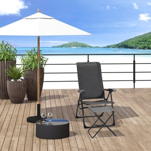 Outsunny 2pcs Outdoor Sun Lounger with Footrest, Adjustable Folding Steel Chaise Reclining Lounge Chair with Storage Pocket, Black Grey