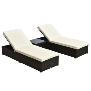 Outsunny Outdoor Lounge Chairs Set of 2 with 5-Level Angles Adjust Backrest, Thick Cushions, & Matching Table, Patio Rattan Furniture Sets for Pool Side, Balcony, Beach, Yard, Cream White