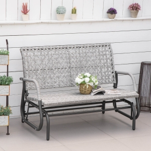 Outsunny 2-Person Outdoor PE Rattan Swing Glider Chair, Patio Garden Loveseat Rocking Bench, w/ Extra Wide Seat & Curved Backrest for Backyard, Poolside, Lawn, Mixed Grey