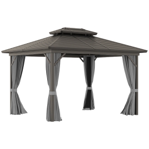 Outsunny 10x12 Hardtop Gazebo with Aluminum Frame, Permanent Metal Roof Gazebo Canopy w/ Curtains & Netting for Garden, Patio, Backyard, Grey