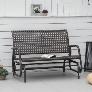 Outsunny 2-Person Outdoor PE Rattan Swing Glider Chair, Patio Garden Loveseat Rocking Bench with Extra Wide Seat & Curved Backrest, Brown