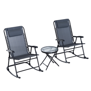 Outsunny Outdoor Folding Rocking Chair Patio Table Seating Set, 2 Rocking Chairs with Armrests and 1 Side Table with Tempered Glass - Grey