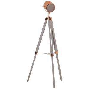 HOMCOM Vintage Tripod Floor Lamp, Height Adjustable Nautical Spotlight with Wood Legs, E12 Lamp Base, Grey and Rose Gold