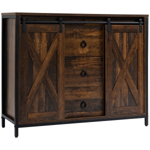 HOMCOM Industrial Farmhouse Buffet Cabinet, Kitchen Sideboard with Sliding Barn Doors, Three Drawers and Adjustable Shelves, Rustic Brown