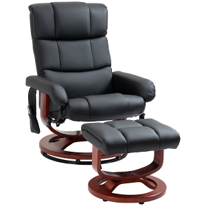 HOMCOM Recliner Chair with Ottoman, Electric Faux Leather Recliner with 10 Vibration Points and 5 Massage Mode, Reclining Chair with Swivel Wood Base, Remote Control and Side Pocket, Black