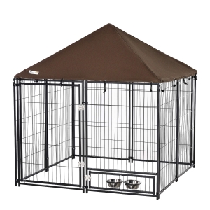 PawHut Outdoor Dog Kennel, Puppy Play Pen with Canopy Garden Playpen Fence Crate, Enclosure Cage w/ Rotating Bowl, 55.5" x 55.5" x 48", Black