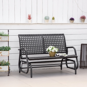 Outsunny 2-Person Outdoor PE Rattan Swing Glider Chair, Patio Garden Loveseat Rocking Bench, w/ Extra Wide Seat & Curved Backrest for Backyard, Poolside, Lawn, Black