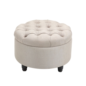 HOMCOM Round Linen-touch Fabric Storage Stool Ottoman Button Tufted Footrest with Removable Lid for Living Room, Entryway, or Bedroom, Beige