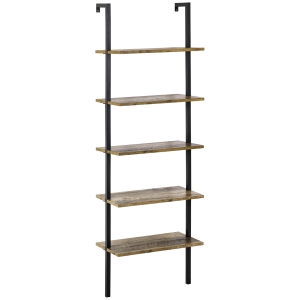 HOMCOM Industrial 5 Tier Ladder Shelf, Wall Mount Storage Shelves Bookcase with Metal Frame, Corner Unit, Plant Flower Rack, Brown