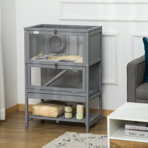 PawHut Wooden Hamster Cage, Mice Rodent Small Animals Kit Hutch, 2-Tier Exercise Play House, with Storage Shelf, Sliding Tray, Seesaw, Running Wheel, Lockable Roof, 23.5" x 15.75" x 35.5", Grey