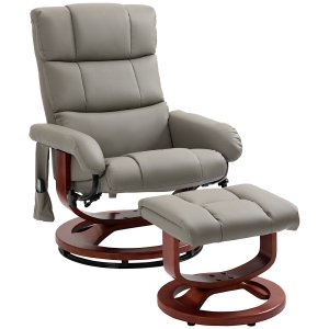 HOMCOM Recliner Chair with Ottoman, Electric Faux Leather Recliner with 10 Vibration Points and 5 Massage Mode, Reclining Chair with Swivel Wood Base, Remote Control and Side Pocket, Grey