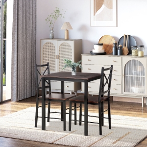 HOMCOM Industrial Dining Table Set of 3, Square Kitchen Table with 2 Chairs Steel Frame Footrest for Small Space, Dark Coffee