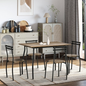 HOMCOM Industrial Dining Table Set for 4, Kitchen Table with 4 Chairs Steel Frame for Small Space, Dark Walnut