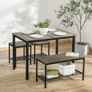 Industrial Dining Table Set, Kitchen Table and Chairs for 4, Dinner Table with Bench Set with Metal Frame & Storage Shelf, 4 Piece Dinette Set for Dining Room, Rustic Brown