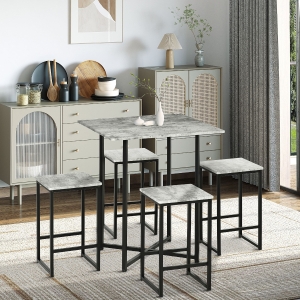 HOMCOM Square Bar Table with Stools, Concrete Effect 5 Pieces Small Kitchen Table and Chairs Set for 4 People, Pub Table Set, Grey