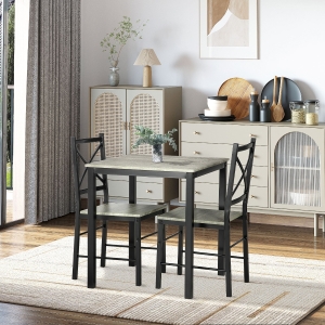 HOMCOM Industrial Dining Table Set of 3, Square Kitchen Table with 2 Chairs Steel Frame Footrest for Small Space, Grey