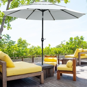 Outsunny 9FT 3 Tiers Patio Umbrella Outdoor Market Umbrella with Crank, Push Button Tilt for Deck, Backyard and Lawn, Cream White