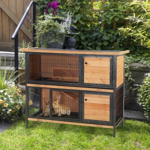 PawHut 48" 2-Floor Large Rabbit Hutch Wooden Pet House Metal Frame Bunny Cage Small Animal Habitat with Ramp Feeding Trough Lockable Doors Run Area Asphalt Roof for Outdoor Use