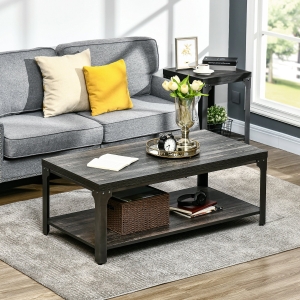 HOMCOM Rustic Coffee Table with Storage Shelf, 2-Tier Cocktail Table with Steel Frame and Thickened Top, for Living Room, Dark Walnut