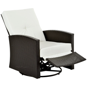 Outsunny Patio Wicker Recliner Chair with Footrest, Outdoor PE Rattan 360° Swivel Chair with Soft Cushion, Lounge Chair for Patio, Garden, Backyard, White