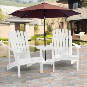 Outsunny 2 piece Pair Adirondack Chair Outdoor Patio Porch Tete-A-Tete Bench w/ Middle Table Reclined Wooden Umbrella Hole White