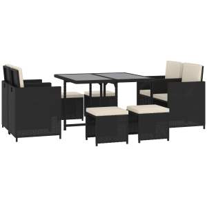 Outsunny 9 Pieces Patio Wicker Dining Sets, Space Saving Outdoor Sectional Conversation Set, with Dining Table and Chair & Cushioned for Lawn Garden Backyard, Black
