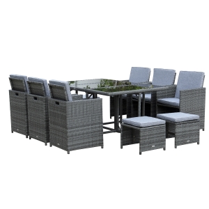 Outsunny 11 PCS Patio Dining Set Outdoor Rattan Wicker Furniture Set with Space Saving Chairs, Glass Top Table and Cushion, Mixed Grey