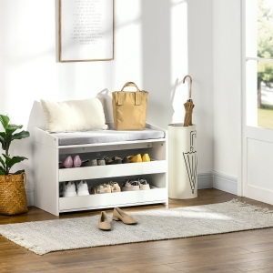 HOMCOM Shoe Bench, Storage Bench with Pull-out Shelves, Seat Cushion for Entryway, Living Room, Bedroom, White