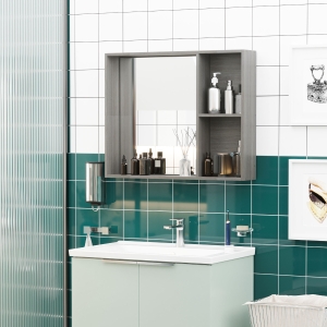 kleankin 31.5 Inch x 25.5 Inch Medicine Cabinet with Mirror, 2-Tier Storage Shelf, Wall Mounted Bathroom Cabinet, Grey