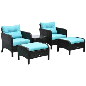 Outsunny 5 Pieces Rattan Wicker Lounge Chair Outdoor Patio Conversation Set with 2 Cushioned Chairs, 2 Ottomans & Tempered Glass Top Coffee Table, Blue