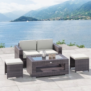 Outsunny 2-Tier Rattan Patio Coffee Table Outdoor Side Table PE Wicker Patio Garden Tea End Desk with Tempered Glass Top & Storage for Balcony, Backyard, Poolside