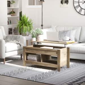 HOMCOM Lift Top Coffee Table with Hidden Storage Compartment and Open Shelves, Lift Tabletop Pop-Up Center Table for Living Room, Oak Effect