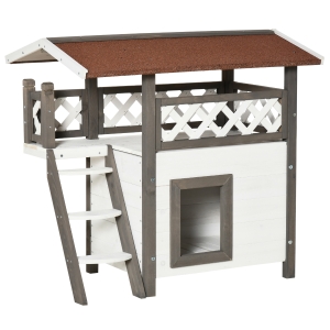 PawHut Outdoor Cat House, 2-Story Shelter for Feral Cats, Wooden Kitten Condo with Asphalt Roof, Stairs, Balcony, 30"x20"x29", White
