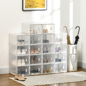 HOMCOM 18-Cube Stackable Shoe Storage Organizer, Modular Shoe Cabinet, Ideal for Entryway, Hallway, Closet, 9.75 x 13.75 x 7.5 Inches, Clear and White