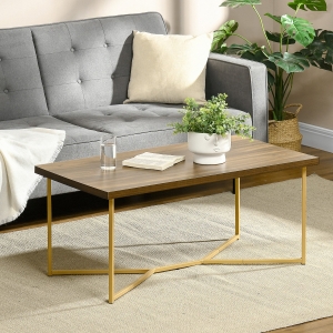 HOMCOM Modern Coffee Table, Rectangle Cocktail Table with Steel Base, for Living Room, Walnut and Gold