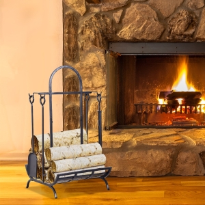 HOMCOM Indoor Outdoor Firewood Rack with 4 Tools, elevated base Steel Power Coated Construction Fire Wood Storage Stacking Set, Black