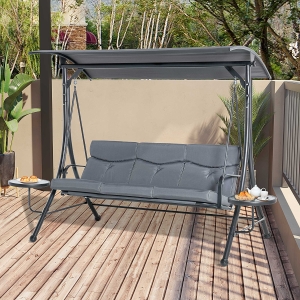 Outsunny 3 Seat Swing Chair Steel Swing Bench Chair With Adjustable Canopy & Coffee Tables & Cushion for Patio Garden