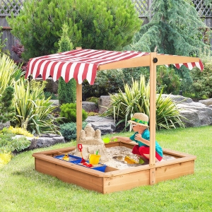 Outsunny Kids Wooden Sandbox, Children Sand Play Station Outdoor with Adjustable Height Cover, Bottom Liner, Seat, Plastic Basins, for 3-7 Years Old Boys and Girls