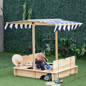 Outsunny Kids Wooden Sandbox Outdoor Backyard Playset Children Play Station w/ Adjustable Canopy & Convertible Bench Sand for 3-7 Years Old