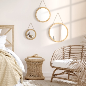 HOMCOM Set of 3 Wood Wall Mirror, Home Modern Round Mirror Hanging for Living Room, Bedroom, Natural
