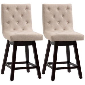 HOMCOM Bar Stools, Set of 2, Swivel Bar Chairs, 25.5" High Fabric Tufted Breakfast Barstools, Beige
