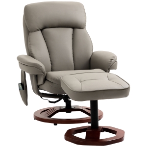 HOMCOM Recliner Chair with Ottoman, Electric Faux Leather Recliner with 10 Vibration Points and 5 Massage Mode, Swivel Reclining Chair with Wood Base, Remote Control and Side Pocket, Grey