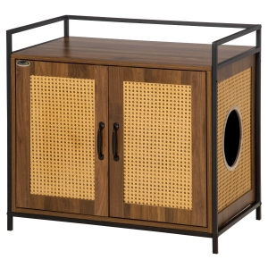 PawHut Hidden Litter Box Enclosure with Adjustable Partition, Hidden Cat Furniture with Cushion, Indoor Cat Washroom with Rattan Decoration, Double-door End Table Cabinet, Walnut