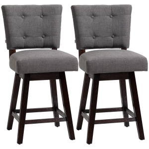 HOMCOM Swivel Bar Stools, Set of 2, Fabric Tufted Counter Height Bar Stools with Rubber Wood Legs and Footrest, Dark Grey