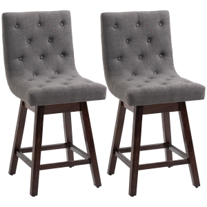HOMCOM Bar Stools, Set of 2, Swivel Bar Chairs, 25.5" High Fabric Tufted Breakfast Barstools for Kitchen Counter, Dark Grey