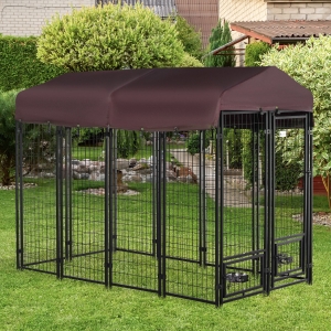 PawHut Outdoor Dog Kennel, Lockable Pet Playpen Crate, Welded Wire Steel Fence, with Water-, UV-Resistant Canopy, Rotating Bowl Holders, Door, 8ft x 4ft x 6ft, Red