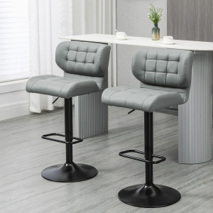 HOMCOM Adjustable Bar Stools Set of 2, Swivel Tufted PU Leather Barstools with Footrest and Back, for Kitchen Counter and Dining Room, Grey